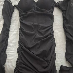 Elegant Black Ruched Dress with Sheer Sleeves